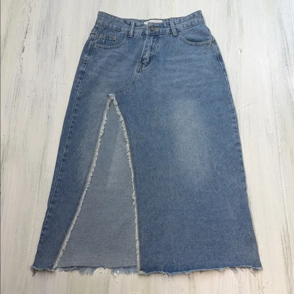 Veveret Frayed Slit Asymmetric Denim Midi Skirt  Sz M - Picture 3 of 12